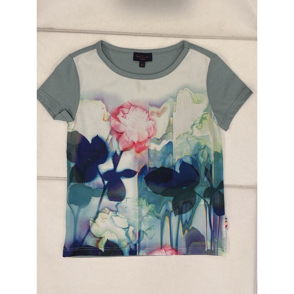 Paul Smith Junior Girls 4a T-Shirt Roses Abstract Front Solid Back AOP graphic